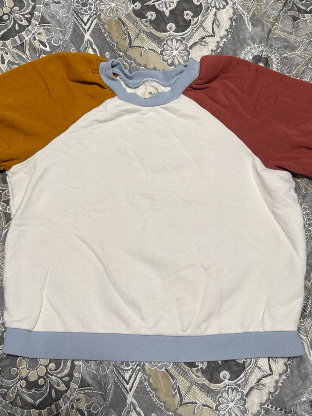 Woman’s Colorblock Raglan sweatshirt Tee - White with Mustard & Rust
